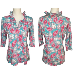 Haley And The Hound Women's Medium Seashell‎ Blouse Ruffle Neck 3/4 Sleeves